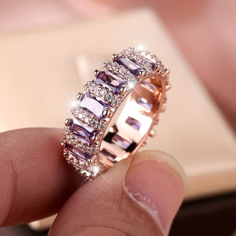 Amethyst and Golden Moissanite Women's Band Engagement Ring - Size 7 or 8